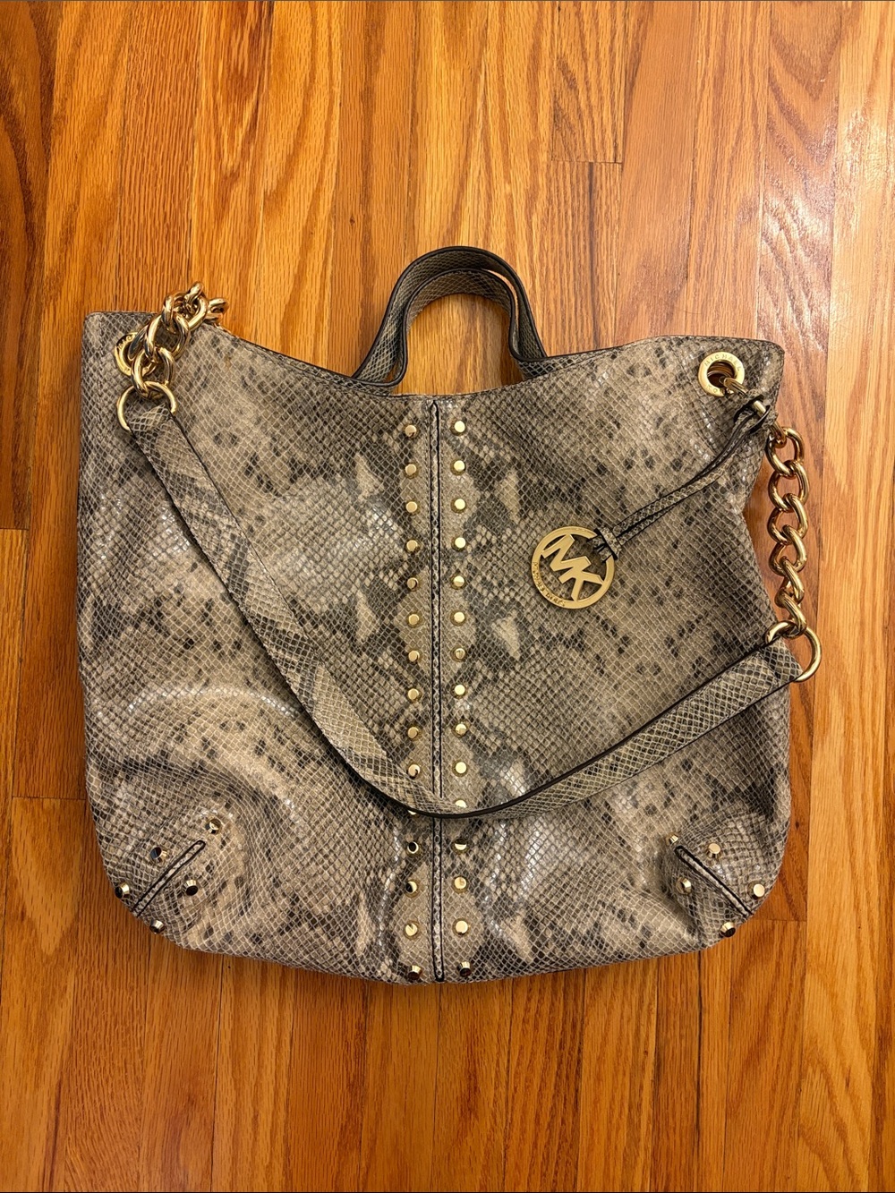 Michael Kors Gray Snake-Print Satchel with Gold Hardware